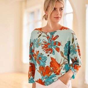 Tribal Oasis Floral Teal Orange Blue 3/4 Sleeve Soft Knit Everyday Sweater